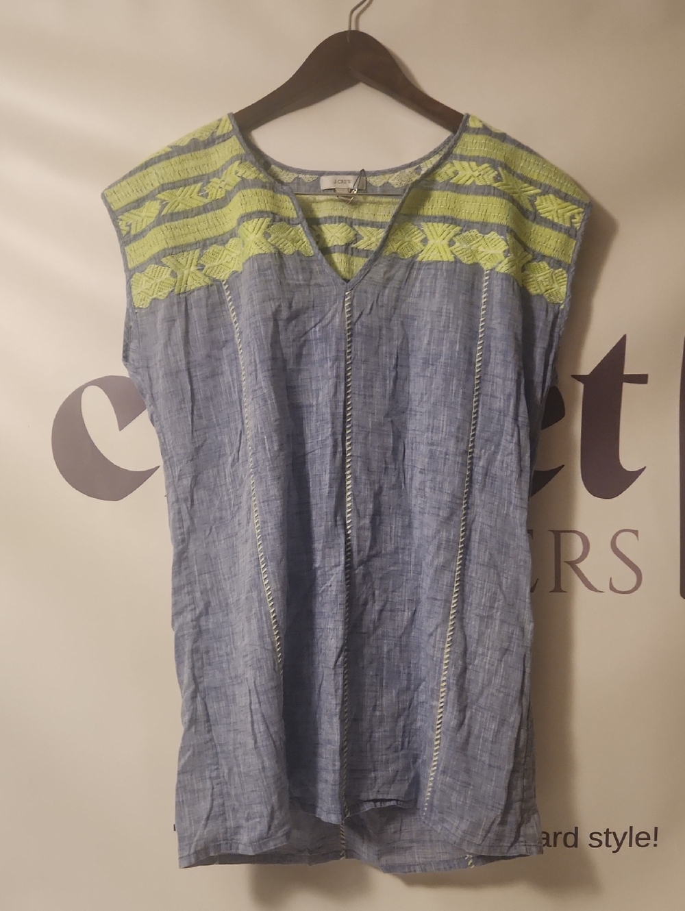 J. Crew Chambray Tunic with Neon Lime Embroidery